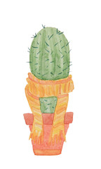 Funny character prickly cactus in a scarf and in a pot painted in watercolor on a white background