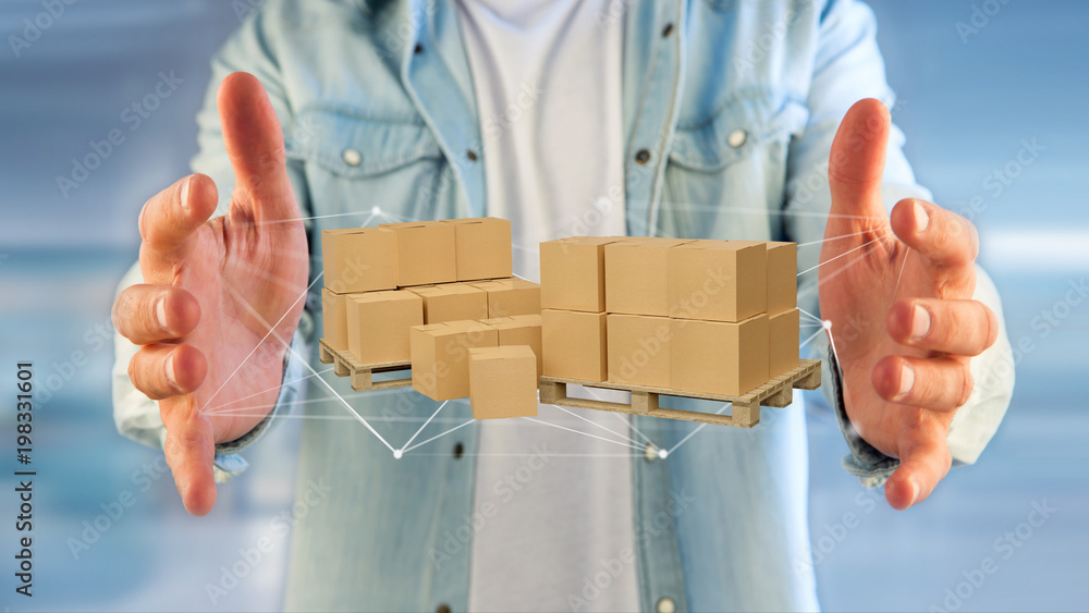 Aufkleber pallet of carboxes with network connection system - 3d render