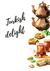 Turkish delight background. Watercolor hand drawn isolated illustration