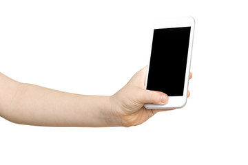 Kid hands holding blank mobile phone