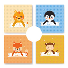 cute animal set tiger fox penguin monkey babies cartoon vector illustration
