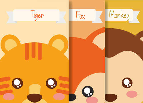 cute animal set tiger fox monkey banner vector illustration