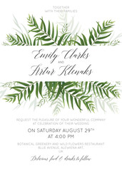 Fototapeta na wymiar Wedding invitation, invite, save the date card floral design with green tropical forest palm leaves, eucalyptus branches & cute greenery herbal mix border. Beautiful, botanical, woodsy style template