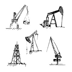 Hand drawn oil pumps and derricks, industrial equipment set. Vector illustration. Sketch.