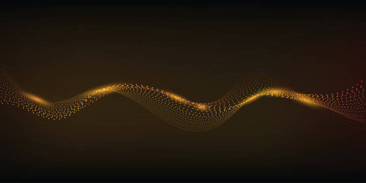 Sparkling dots wave with space for text for banners graphic design.energy line with highlights and dots and light shines by waves on black background.Abstract Gold Waves Design. Shiny golden moving