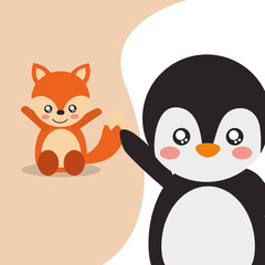 cute animals fox sitting penguin waving hand character vector illustration
