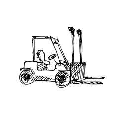 Hand drawn forklift truck. Sketch, vector illustration.