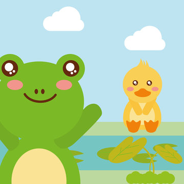 cute animals duck sitting frog waving hand character vector illustration