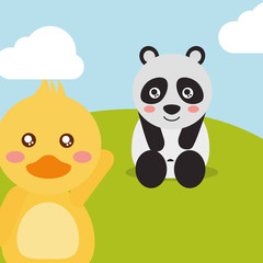 cute animals panda sitting duck waving hand character vector illustration