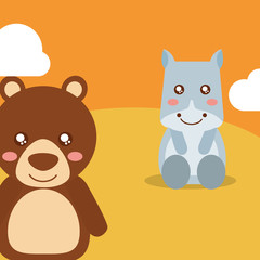 cute animals hippo sitting bear waving hand character vector illustration