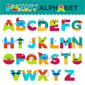 Funny alphabet of cartoon characters vector font letters of comic monster creature faces for kid design