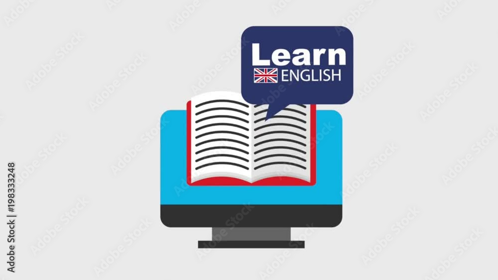 Poster learn english online book on screen computer bubble chat animation