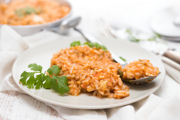 rice with fish and seafood on plate