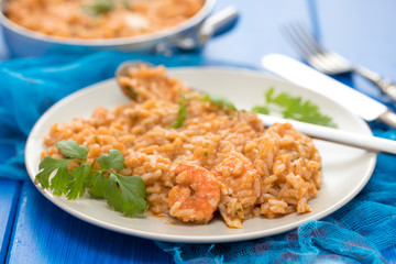 rice with fish and seafood on plate