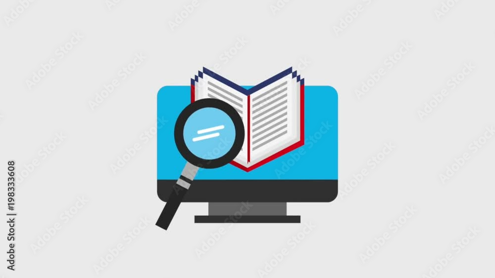 Poster learn english online computer open book and magnifying glass animation
