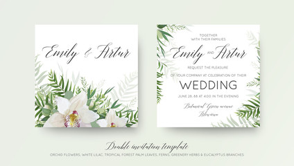 Wedding double invitation, invite card design with elegant white orchid flower, greenery willow eucalyptus branches, tropical forest palm green leaves decoration. Beautiful, trendy vector template set