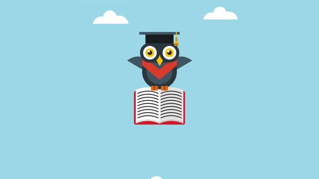 graduate owl flying holding open book in the sky animation