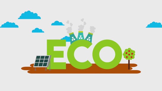 eco text with solar panel nuclear power plant and tree fruits forest clouds animation hd