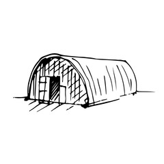 Hand drawn warehouse hangar, arched hangar for grain. Sketch, vector illustration.
