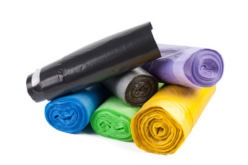 roll of plastic garbage bags isolated on white background