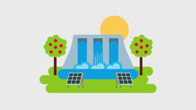 ecology energy renewable hydroelectric power station solar panel with fruits tree animation hd