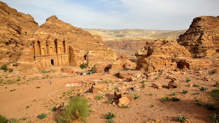 General view of Petra Site with the Monastery Al Deir on the left, Petra, Jordan, Middle East