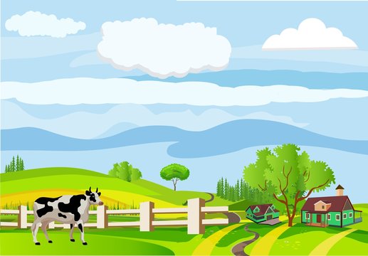 Countryside vector illustration, cows and farm houses on green hills, farm hence, outdoor concept