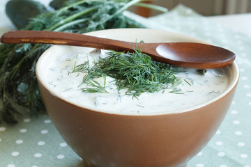 Cold soup with yogurt. Cold soup with cucumber and herbs with yoghurt filling.