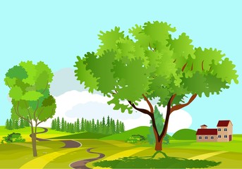 Countryside view vector illustration, a house in the green hills, road ribbon on hills, outdoor concept, nature landscape