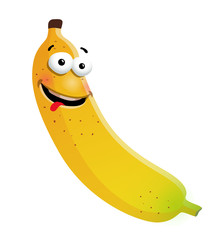 Fun cute banana cartoon character. Vector illustration, isolated, clip-art on a white background