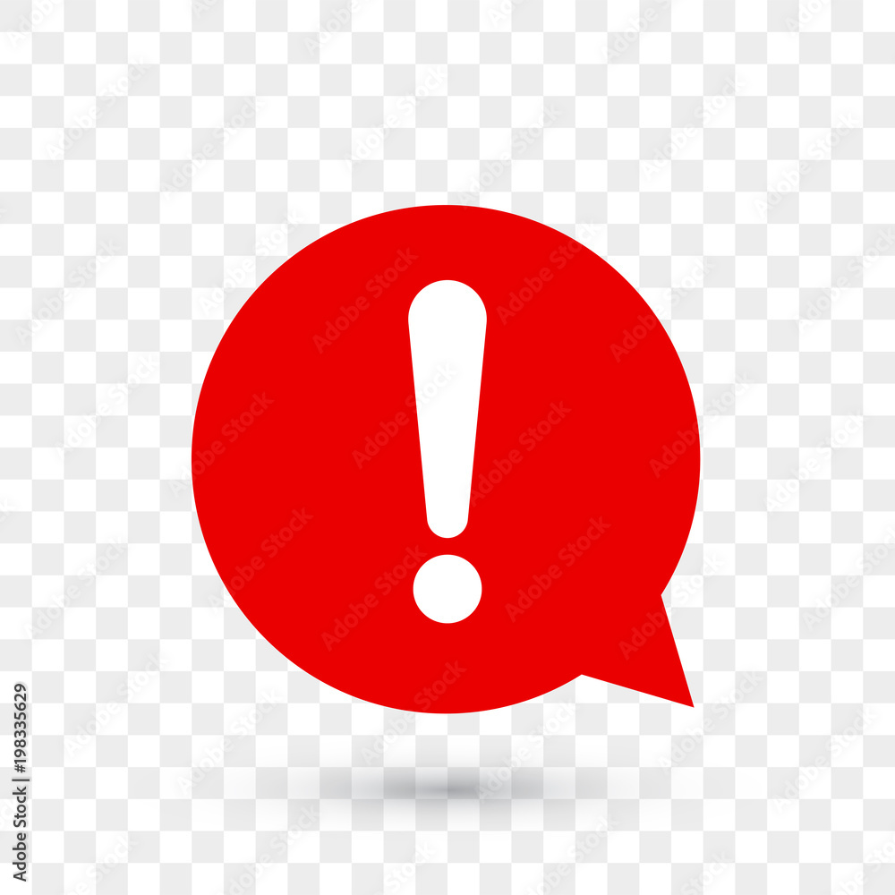 Poster exclamation mark for warning or attention vector icon in red chat bubble with shadow on transparent 