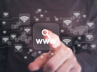Businessman presses button www search loupe magnifier on wifi network icon