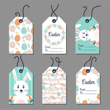 Easter gift tags set. Hand drawn design elements. Cards with Easter bunny. Vector illustration