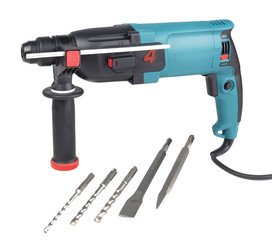 Hand electric drill-puncher, borers, chisel, peak isolated on white background
