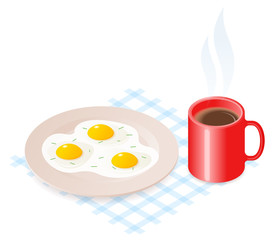 Flat isometric illustration of plate with scrambled eggs and cup of coffee. The dish with fried omelette, a mug of hot coffee. Morning eating, food, breakfast, cooking, cafe, restaurant vector concept