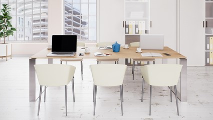 Office interior, chairs and wood table. Meeting room 3d illustration