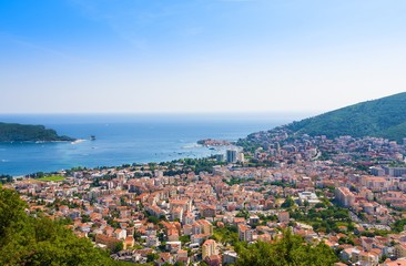 Top view of the town of Budva with high mountains. Montenegro
