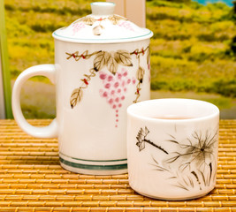 Green Tea Cups Shows Break Time And Beverage