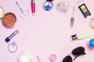 a set of female cosmetics, fashion, style, accessories, glamor, elegance. top view