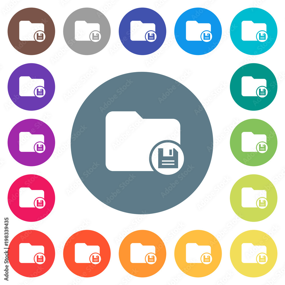 Poster save directory flat white icons on round color backgrounds