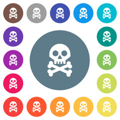 Skull with bones flat white icons on round color backgrounds