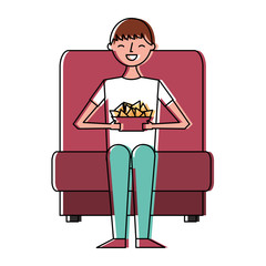 woman watching movie in cinema and eating snacks vector illustration design