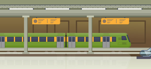 Modern train on railway station. Railway type of transport, locomotive.