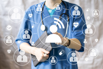 Doctor pushing button business group healthcare network on virtual panel medicine