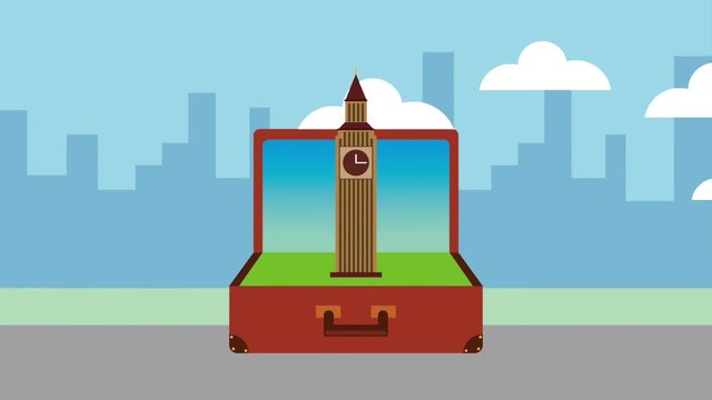 opened vintage traveling suitcase landmark monuments world city background animation