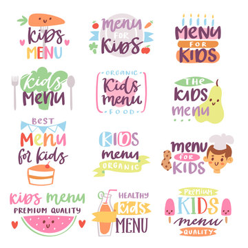 Kids menu sign vector illustration lettering template for childs food or meal in childish cafe or restaurant illustration set of baby cooking typography isolated on white background