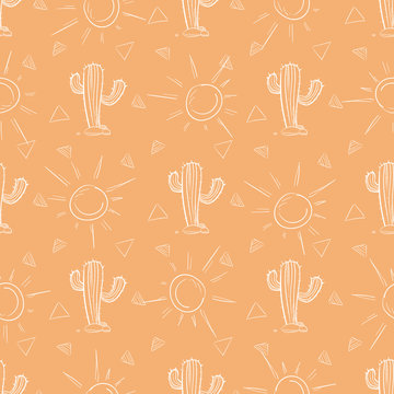 Chalk hand drawn cactus and sun seamless pattern