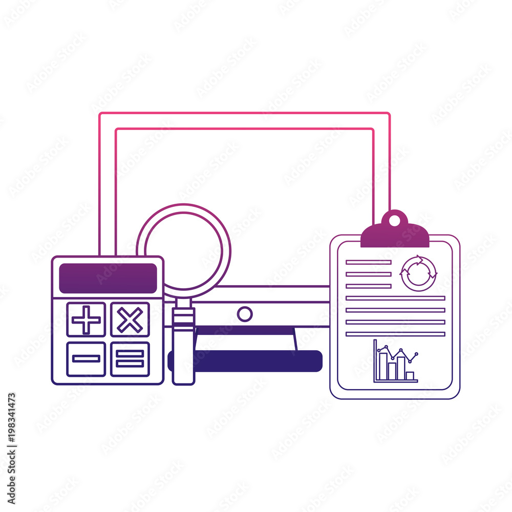 Wall mural computer with magnifying glass and checklist vector illustration design