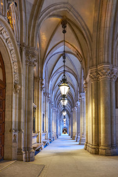 Arched passage in front of the City Hall (Rathaus) in Vienna, Austria