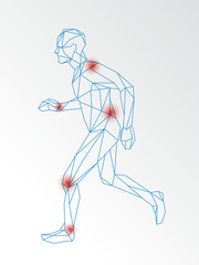 Vector medical illustration of joint pain demonstrated on running man